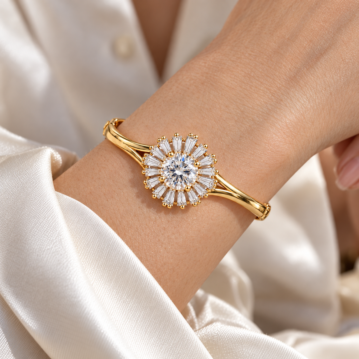 MISSISSI Baguette Sunburst diamond oval bangle in yellow gold, worn view