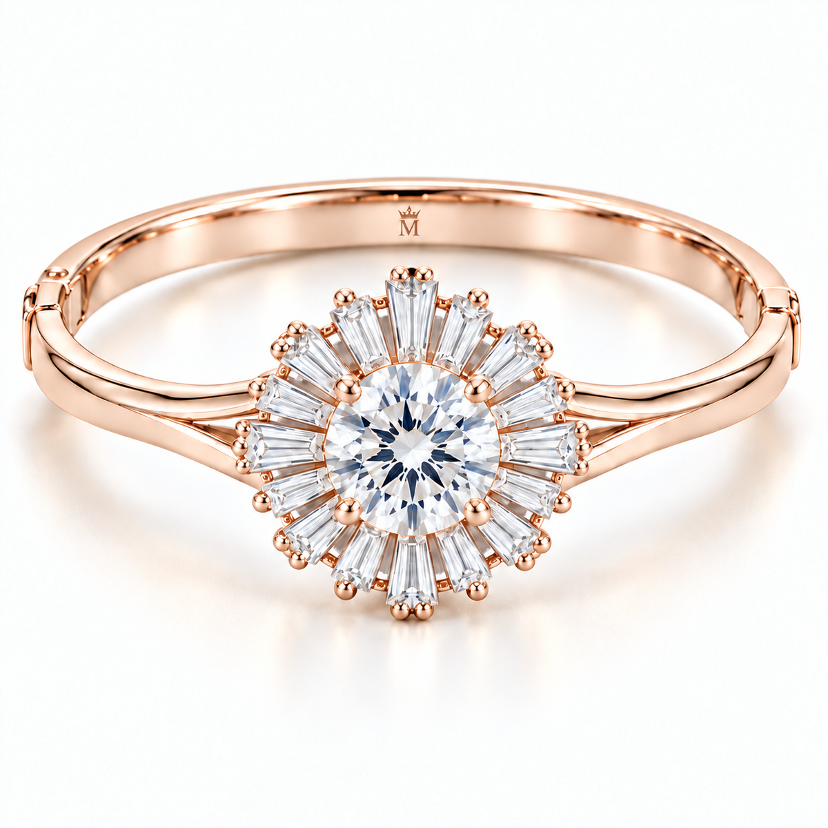 MISSISSI Baguette Sunburst diamond oval bangle in pale champagne rose gold, white-background hero