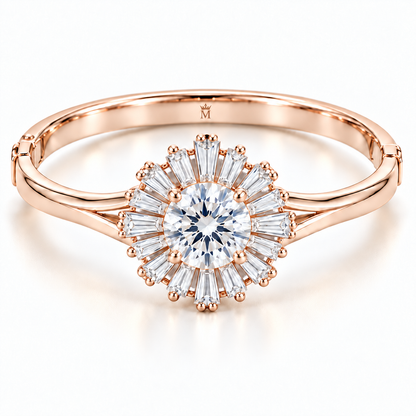 MISSISSI Baguette Sunburst diamond oval bangle in pale champagne rose gold, white-background hero