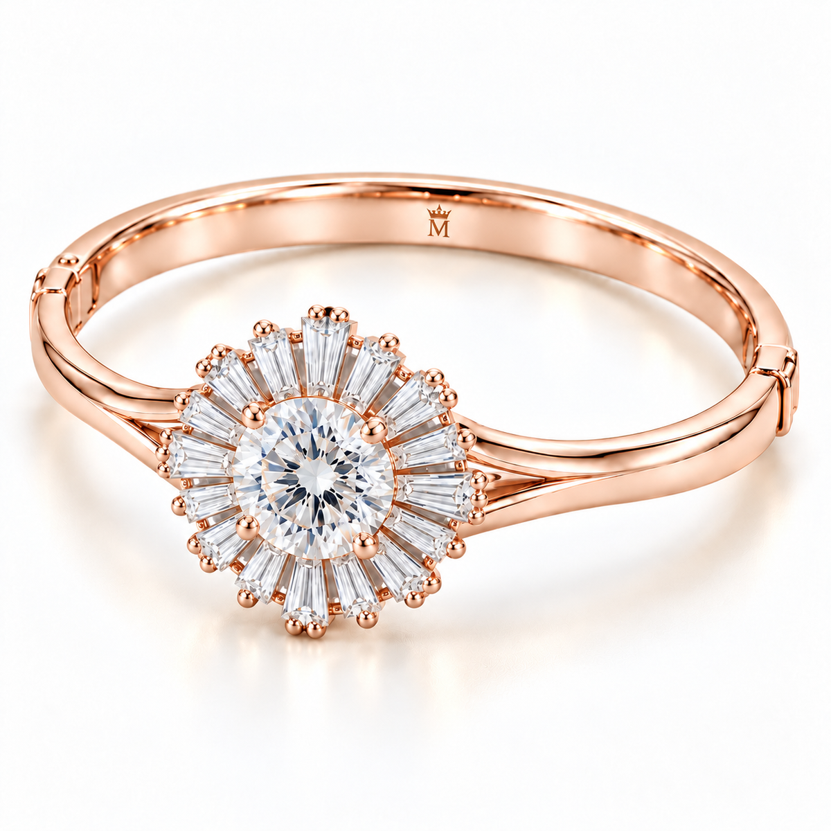 MISSISSI Baguette Sunburst diamond oval bangle in pale champagne rose gold, three-quarter view