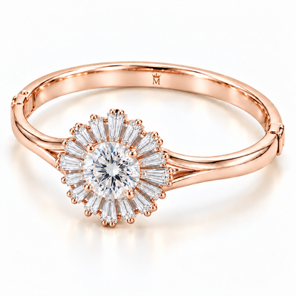 MISSISSI Baguette Sunburst diamond oval bangle in pale champagne rose gold, three-quarter view