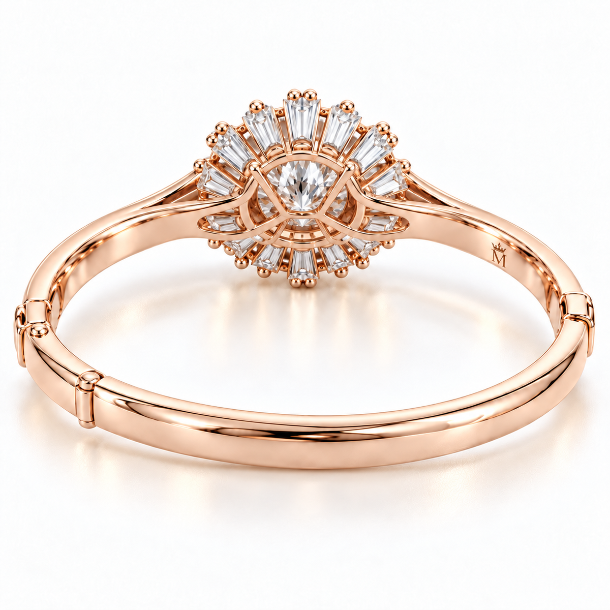 MISSISSI Baguette Sunburst diamond oval bangle in pale champagne rose gold, rear setting structure