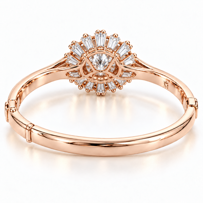 MISSISSI Baguette Sunburst diamond oval bangle in pale champagne rose gold, rear setting structure
