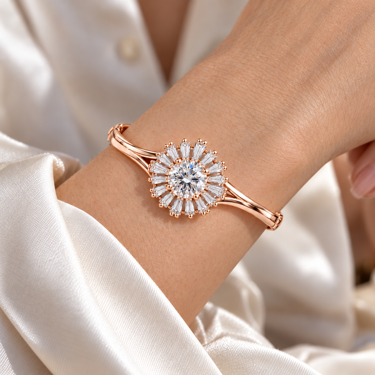 MISSISSI Baguette Sunburst diamond oval bangle in pale champagne rose gold, worn view