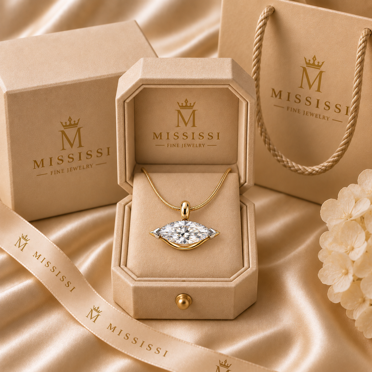 AI design visualization of Wandering Light Marquise Lab-Grown Diamond Pendant Necklace — packaging visualization