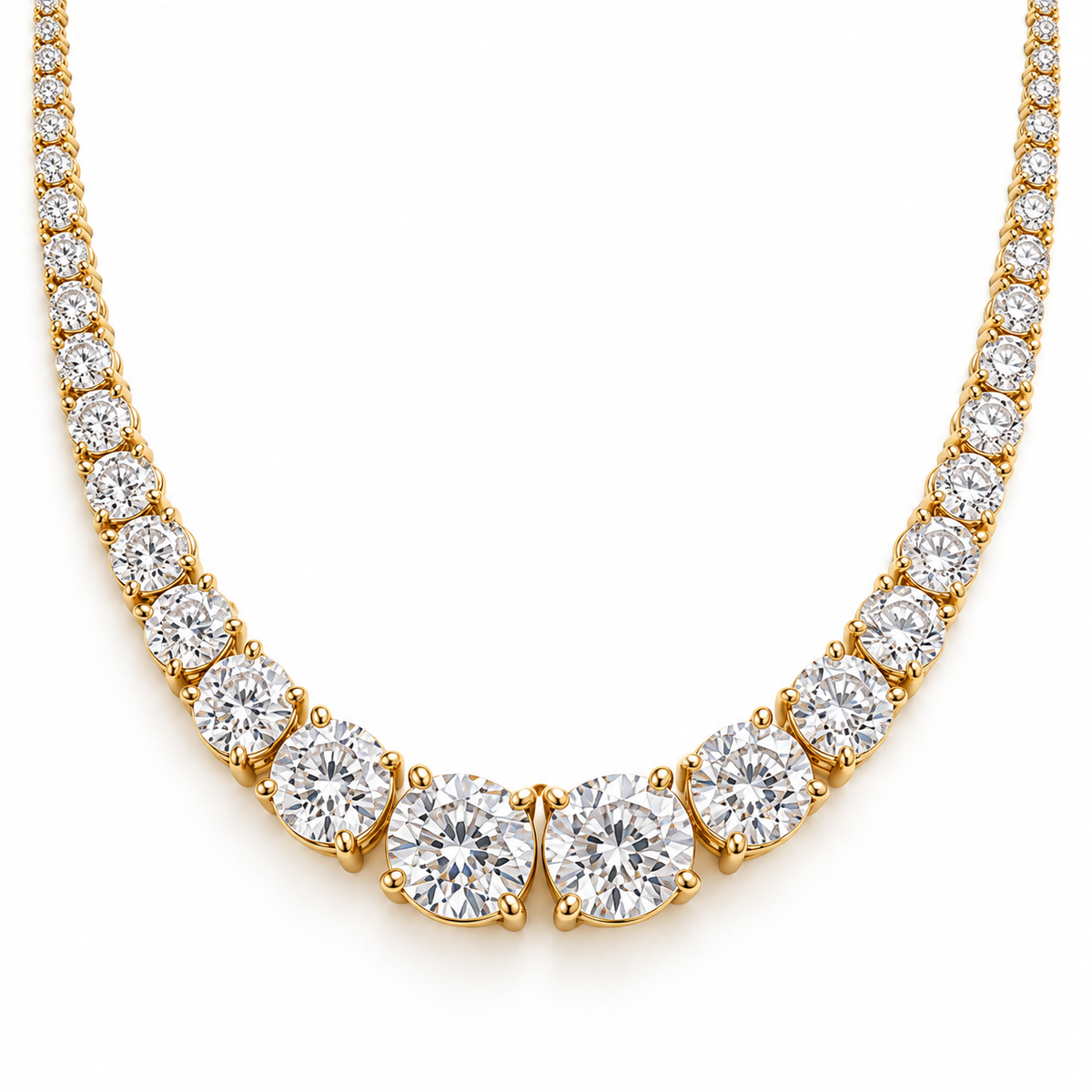 MISSISSI Graduated Round Lab-Grown Diamond Riviere Necklace in 14k yellow gold, front hero.