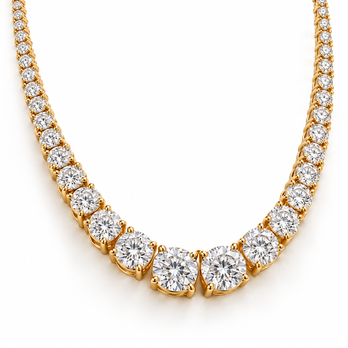 MISSISSI Graduated Round Lab-Grown Diamond Riviere Necklace in 14k yellow gold, three-quarter angle.