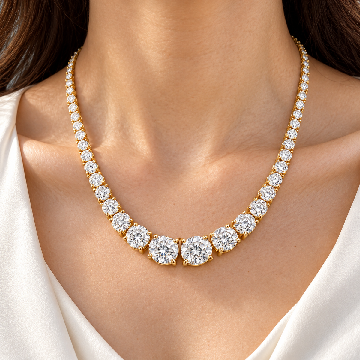 MISSISSI Graduated Round Lab-Grown Diamond Riviere Necklace in 14k yellow gold, adult neckline wear.