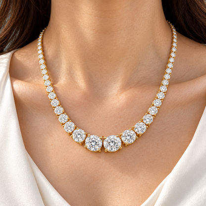 MISSISSI Graduated Round Lab-Grown Diamond Riviere Necklace in 14k yellow gold, adult neckline wear.