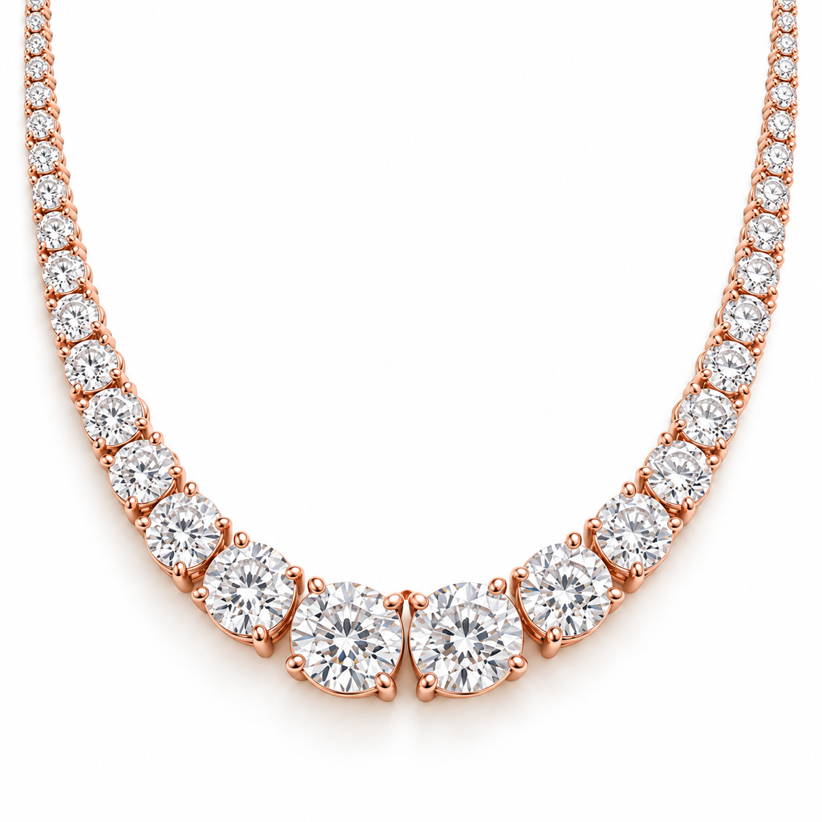 MISSISSI Graduated Round Lab-Grown Diamond Riviere Necklace in 14k rose gold, front hero.