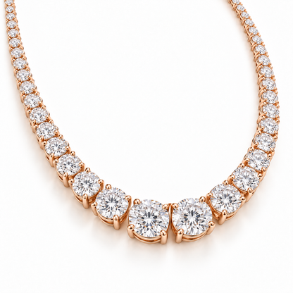 MISSISSI Graduated Round Lab-Grown Diamond Riviere Necklace in 14k rose gold, three-quarter angle.