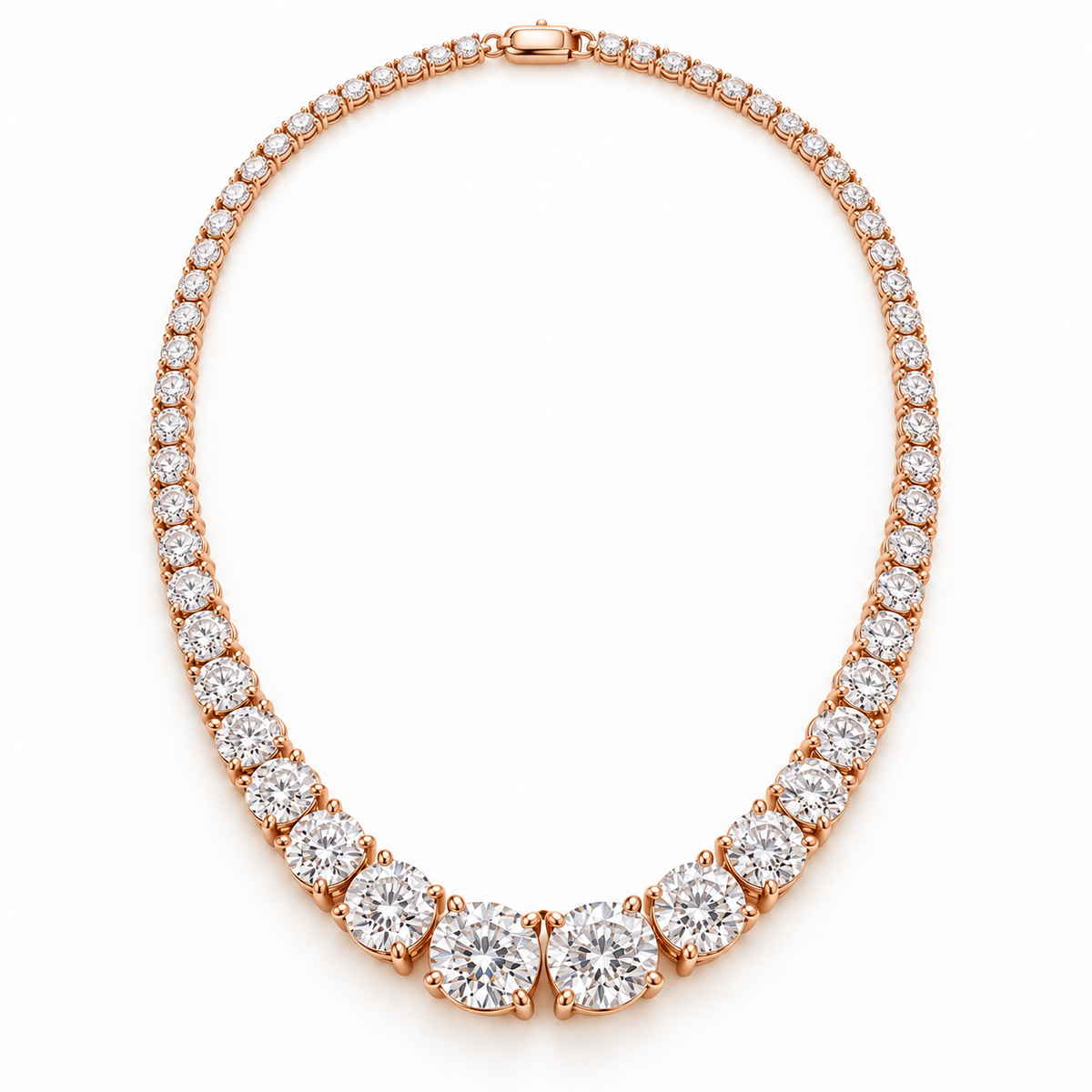 MISSISSI Graduated Round Lab-Grown Diamond Riviere Necklace in 14k rose gold, full necklace layout.