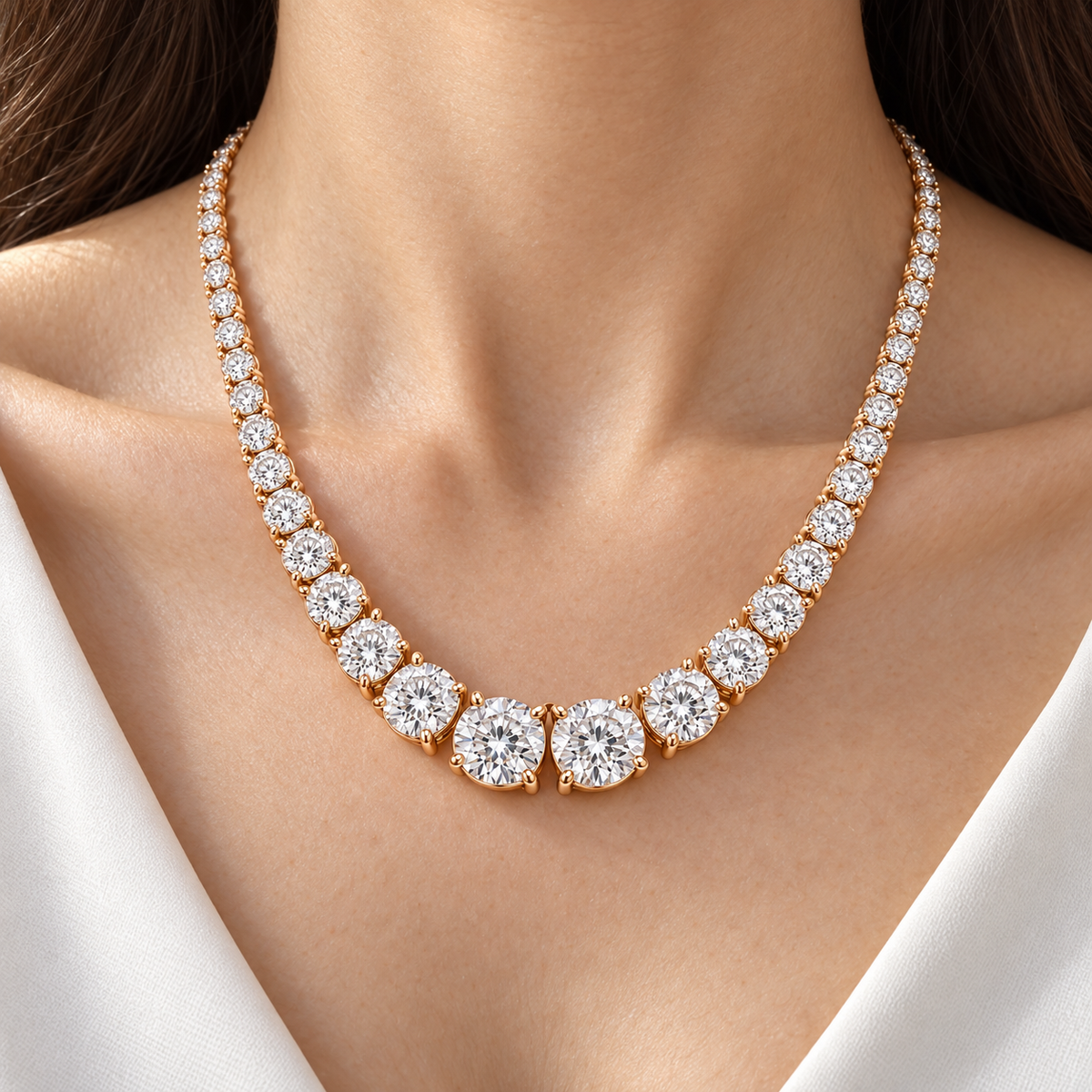 MISSISSI Graduated Round Lab-Grown Diamond Riviere Necklace in 14k rose gold, adult neckline wear.