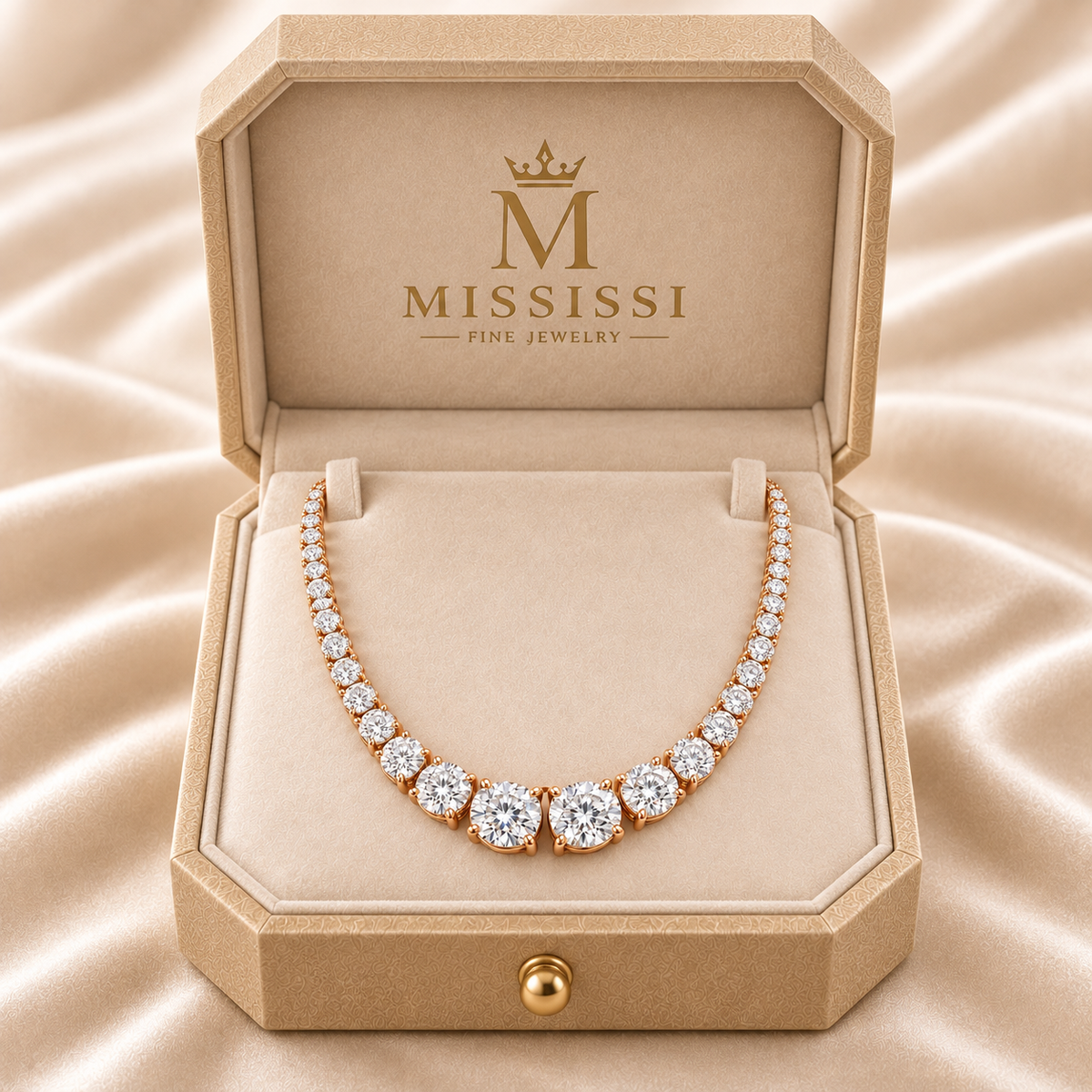 MISSISSI graduated round lab-grown diamond Riviere necklace in rose gold, presented in champagne octagonal packaging with crown M branding; design visualization.