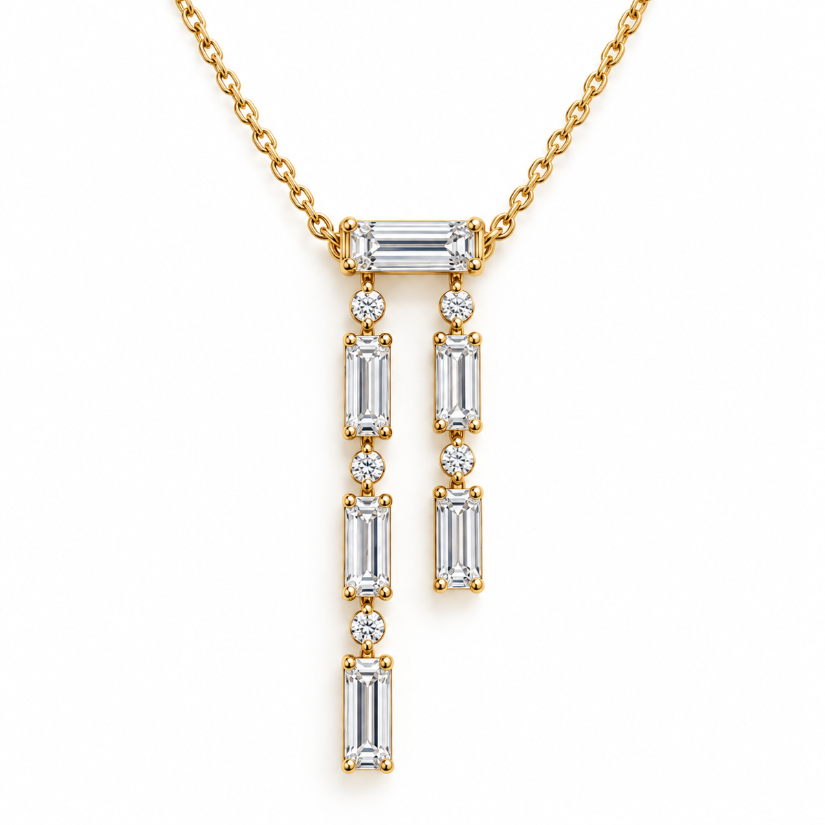 MISSISSI Baguette Double-Drop Lab-Grown Diamond Necklace in 14k yellow gold, front hero.