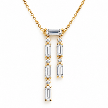 MISSISSI Baguette Double-Drop Lab-Grown Diamond Necklace in 14k yellow gold, front hero.