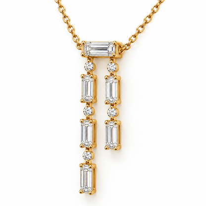 MISSISSI Baguette Double-Drop Lab-Grown Diamond Necklace in 14k yellow gold, three-quarter angle.