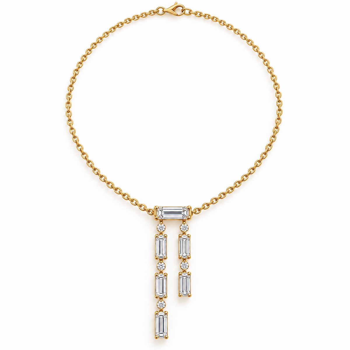 MISSISSI Baguette Double-Drop Lab-Grown Diamond Necklace in 14k yellow gold, full necklace layout.
