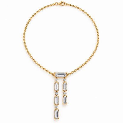 MISSISSI Baguette Double-Drop Lab-Grown Diamond Necklace in 14k yellow gold, full necklace layout.