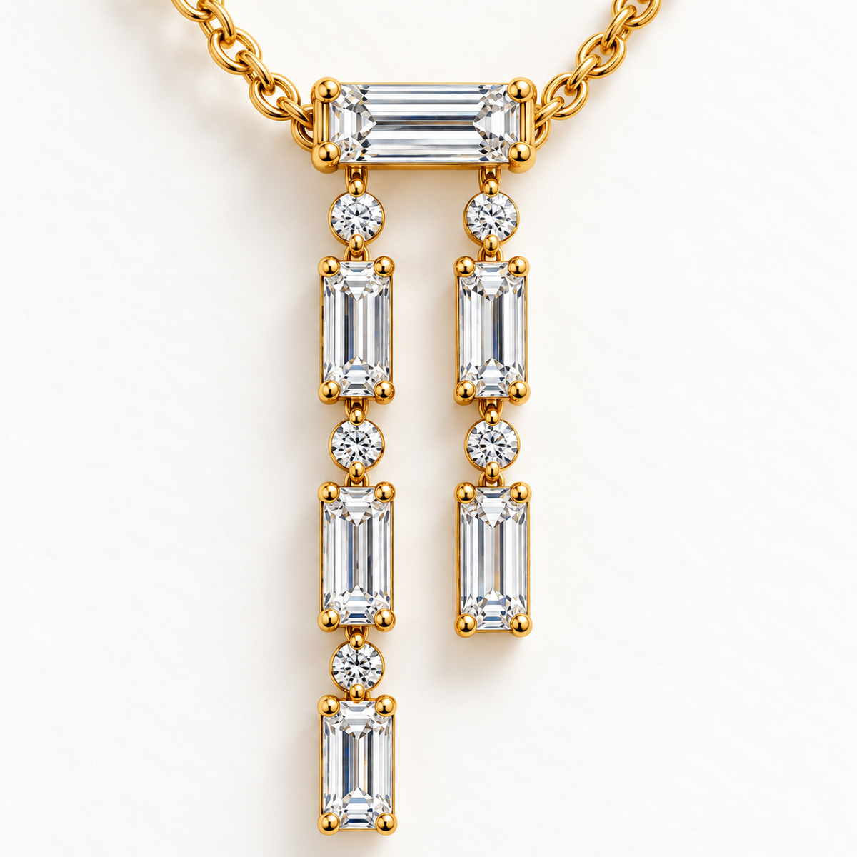 MISSISSI Baguette Double-Drop Lab-Grown Diamond Necklace in 14k yellow gold, diamond detail.