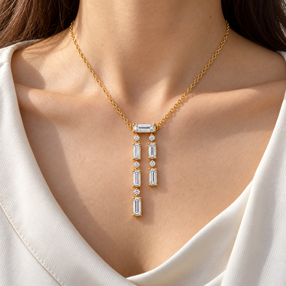 MISSISSI Baguette Double-Drop Lab-Grown Diamond Necklace in 14k yellow gold, adult neckline wear.