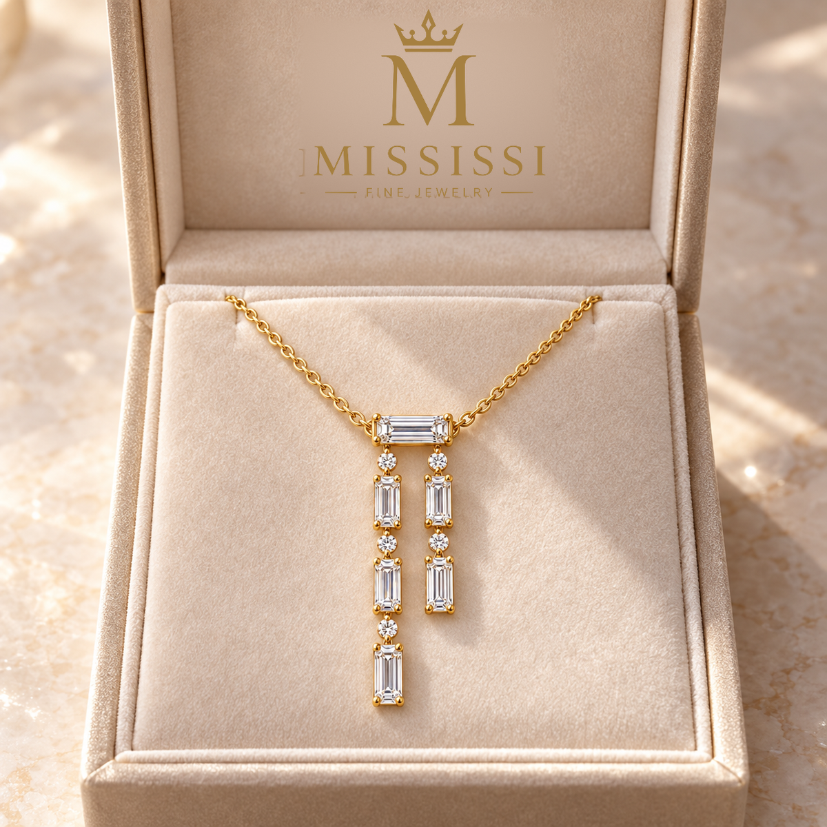 MISSISSI Baguette Double-Drop Lab-Grown Diamond Necklace in 14k yellow gold, official branded box presentation.