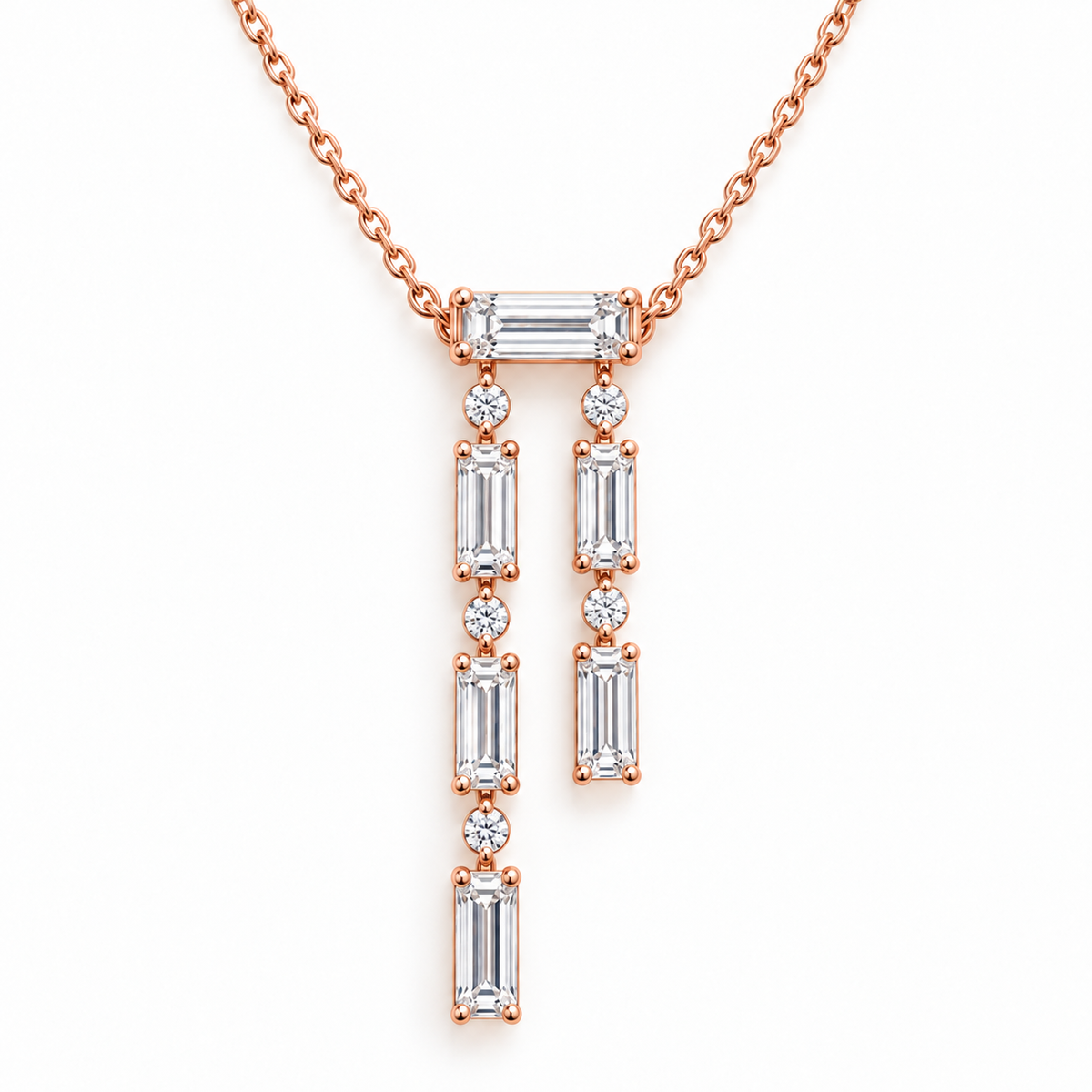 MISSISSI Baguette Double-Drop Lab-Grown Diamond Necklace in 14k rose gold, front hero.