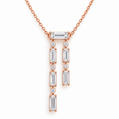 MISSISSI Baguette Double-Drop Lab-Grown Diamond Necklace in 14k rose gold, front hero.