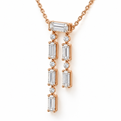 MISSISSI Baguette Double-Drop Lab-Grown Diamond Necklace in 14k rose gold, three-quarter angle.