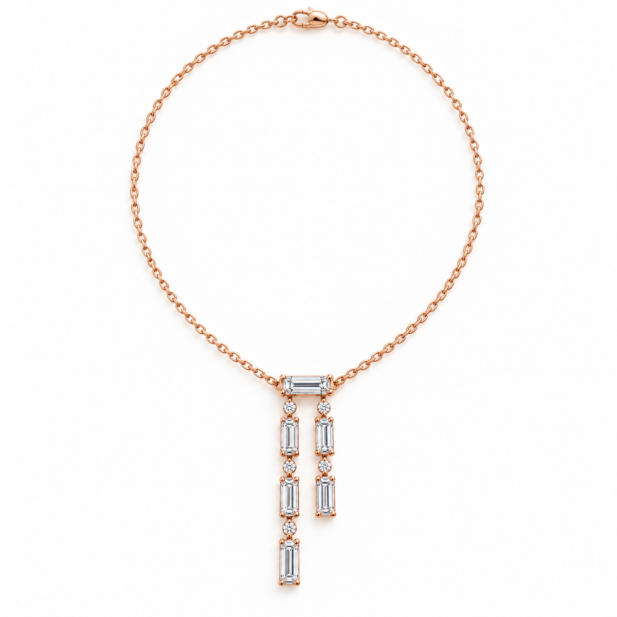 MISSISSI Baguette Double-Drop Lab-Grown Diamond Necklace in 14k rose gold, full necklace layout.