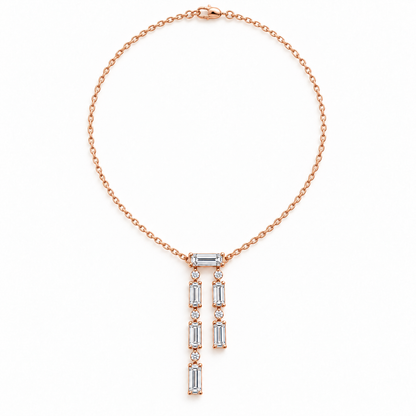 MISSISSI Baguette Double-Drop Lab-Grown Diamond Necklace in 14k rose gold, full necklace layout.
