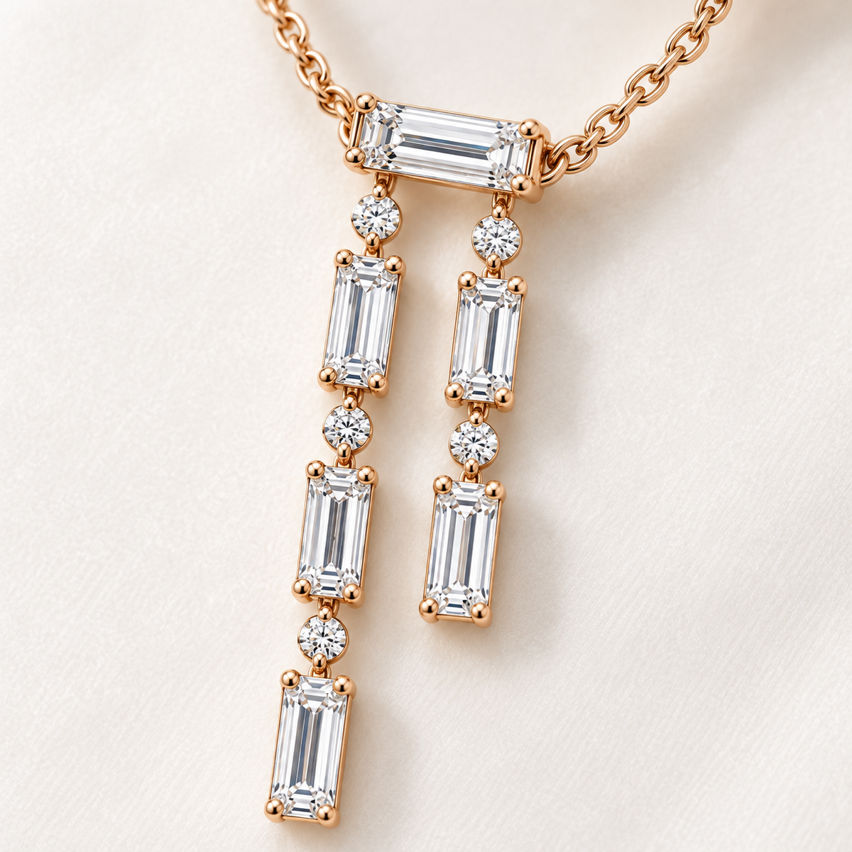 MISSISSI Baguette Double-Drop Lab-Grown Diamond Necklace in 14k rose gold, diamond detail.