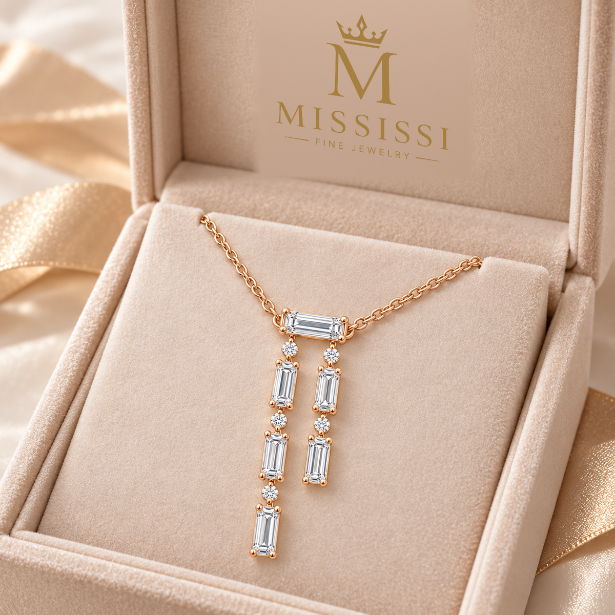 MISSISSI Baguette Double-Drop Lab-Grown Diamond Necklace in 14k rose gold, official branded box presentation.