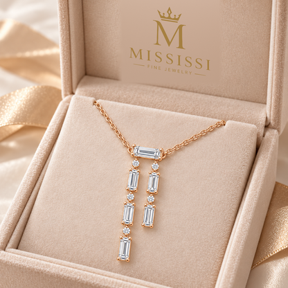 MISSISSI Baguette Double-Drop Lab-Grown Diamond Necklace in 14k rose gold, official branded box presentation.