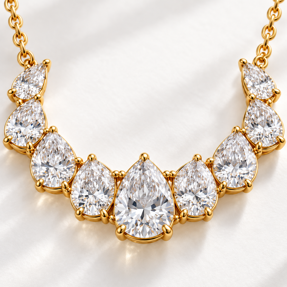 MISSISSI Nine-Pear Crescent Lab-Grown Diamond Necklace in 14k yellow gold, diamond detail.