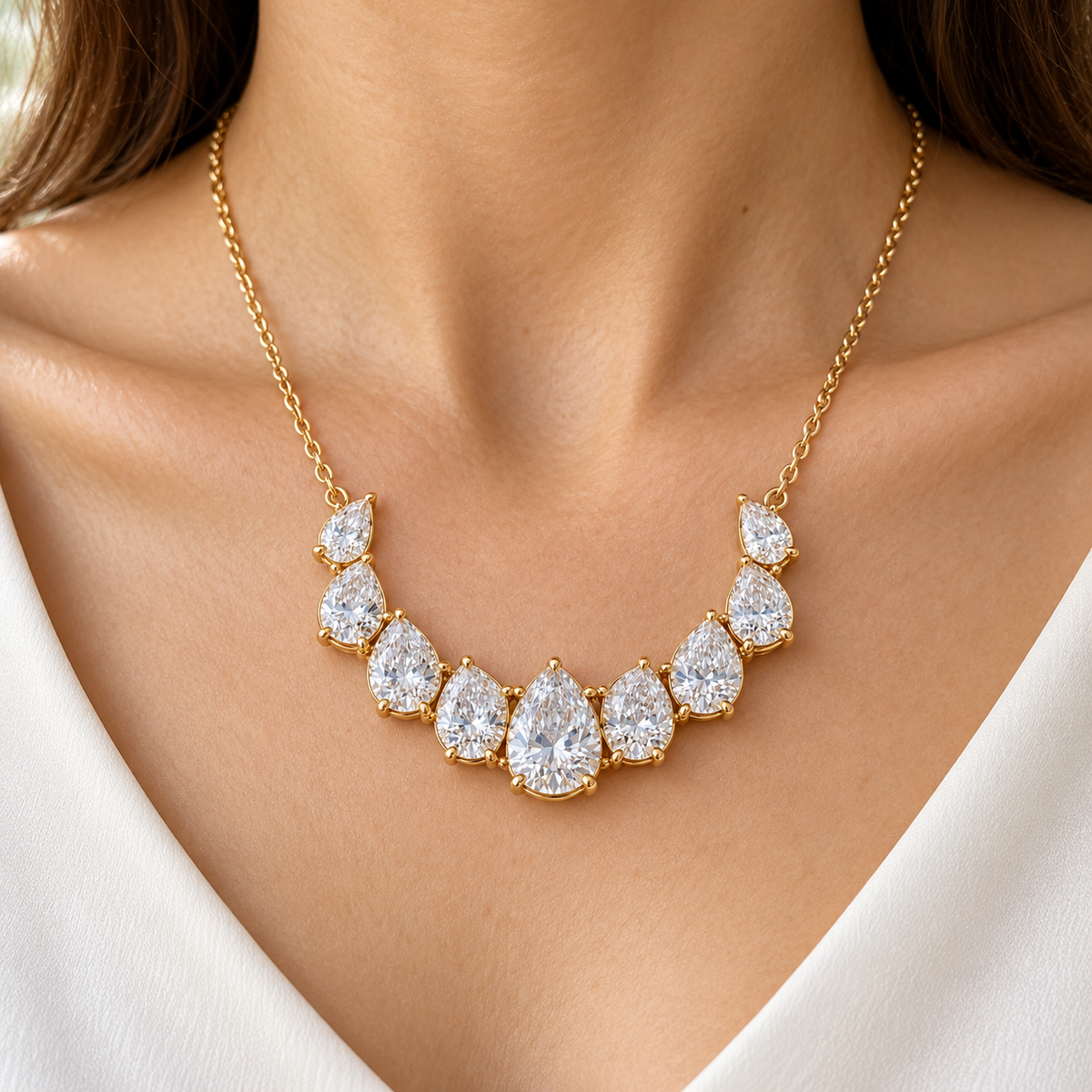 MISSISSI Nine-Pear Crescent Lab-Grown Diamond Necklace in 14k yellow gold, adult neckline wear.
