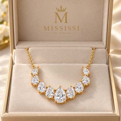 MISSISSI Nine-Pear Crescent Lab-Grown Diamond Necklace in 14k yellow gold, official branded box presentation.