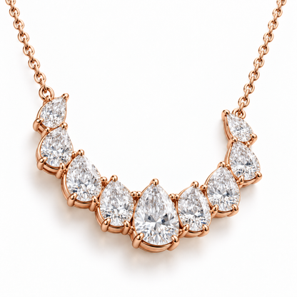 MISSISSI Nine-Pear Crescent Lab-Grown Diamond Necklace in 14k rose gold, three-quarter angle.