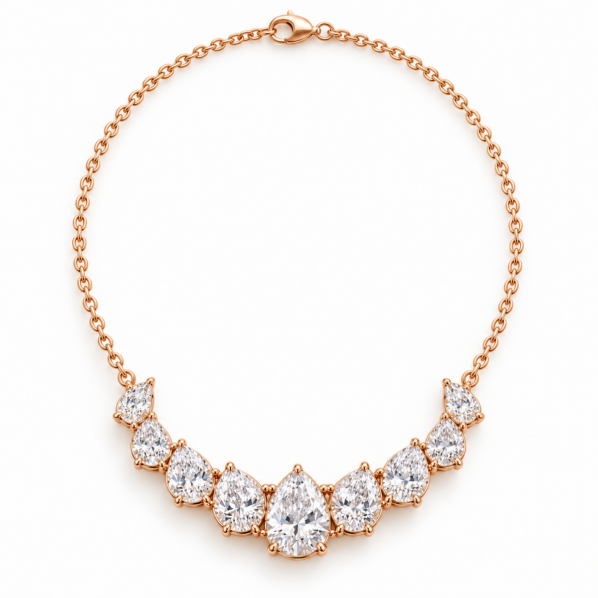 MISSISSI Nine-Pear Crescent Lab-Grown Diamond Necklace in 14k rose gold, full necklace layout.