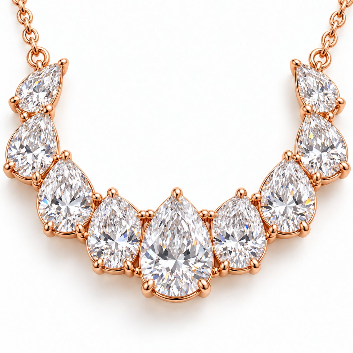 MISSISSI Nine-Pear Crescent Lab-Grown Diamond Necklace in 14k rose gold, diamond detail.