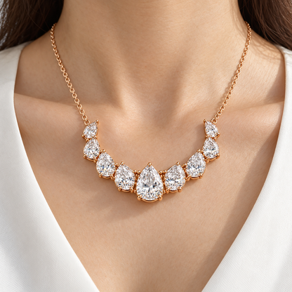 MISSISSI Nine-Pear Crescent Lab-Grown Diamond Necklace in 14k rose gold, adult neckline wear.