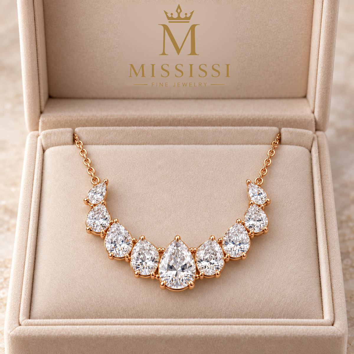 MISSISSI Nine-Pear Crescent Lab-Grown Diamond Necklace in 14k rose gold, official branded box presentation.