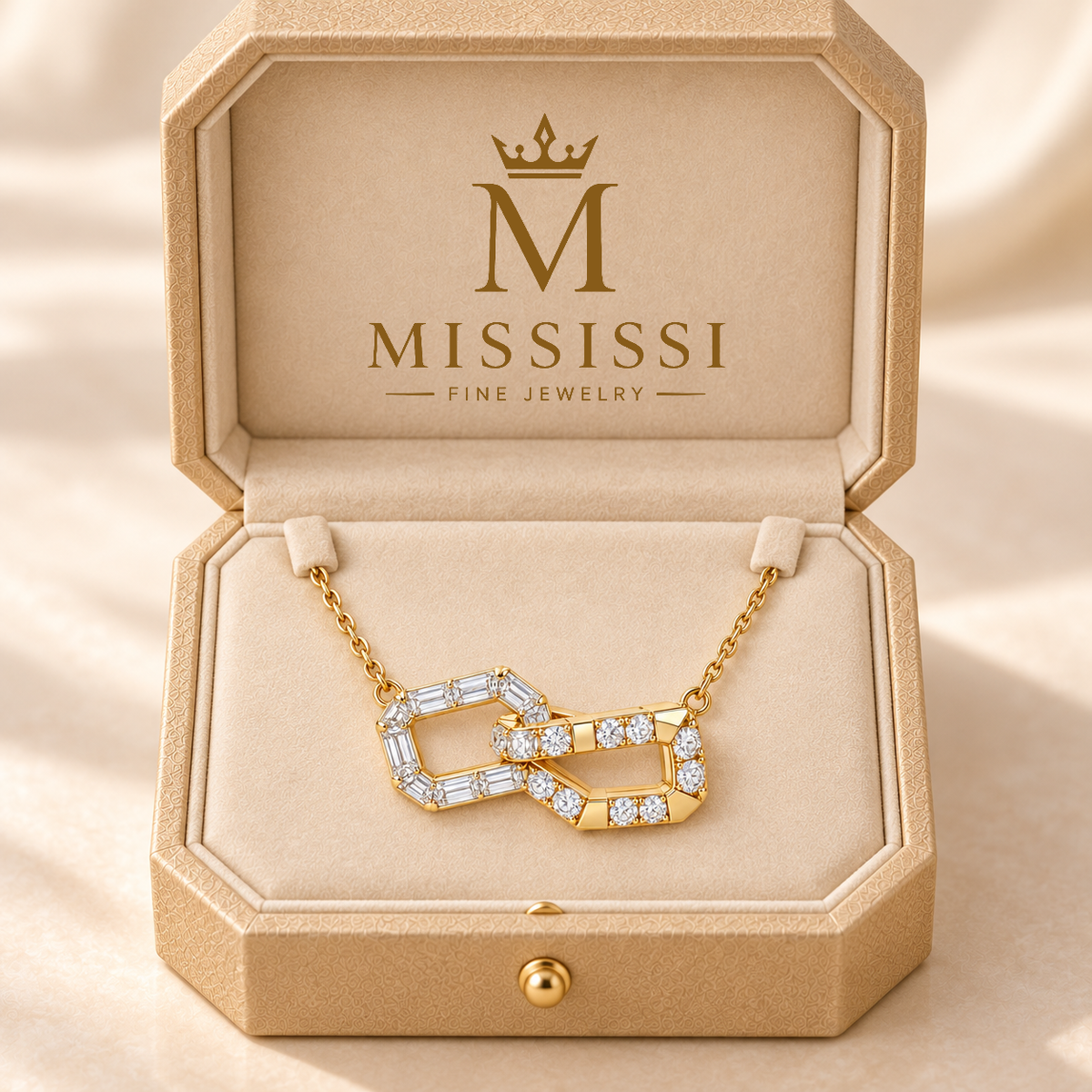 MISSISSI Z06 yellow gold-tone necklace in an open ivory, gold-trimmed fitted box with the official crown-M and MISSISSI Fine Jewelry logo; design visualization