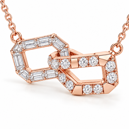 MISSISSI Z06 pale rose gold-tone necklace, three quarter view showing two interlocking cut-corner loops, one with baguette diamonds and one with round diamonds and polished metal spans; design visualization