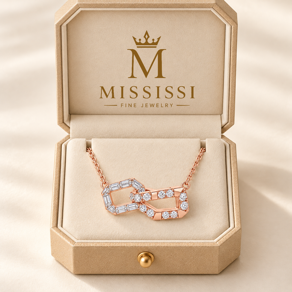 MISSISSI Z06 pale rose gold-tone necklace in an open ivory, gold-trimmed fitted box with the official crown-M and MISSISSI Fine Jewelry logo; design visualization