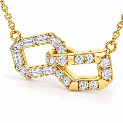 MISSISSI Z06 yellow gold-tone necklace, hero view showing two interlocking cut-corner loops, one with baguette diamonds and one with round diamonds and polished metal spans; design visualization