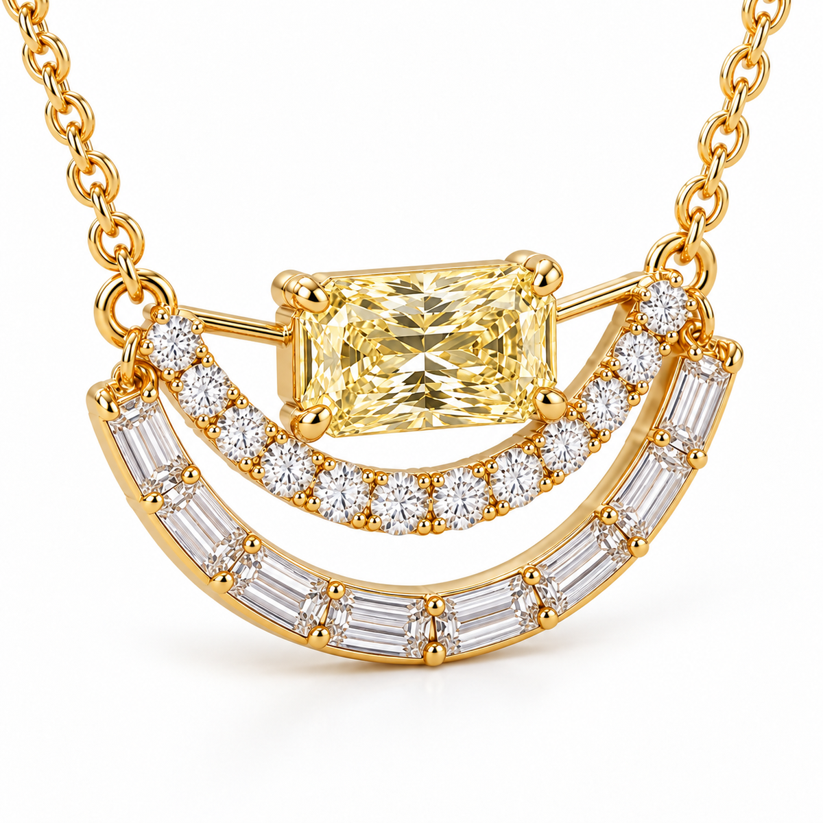 Radiant Split Arc Yellow Lab-Grown Diamond Necklace in yellow-gold tone, three-quarter product view