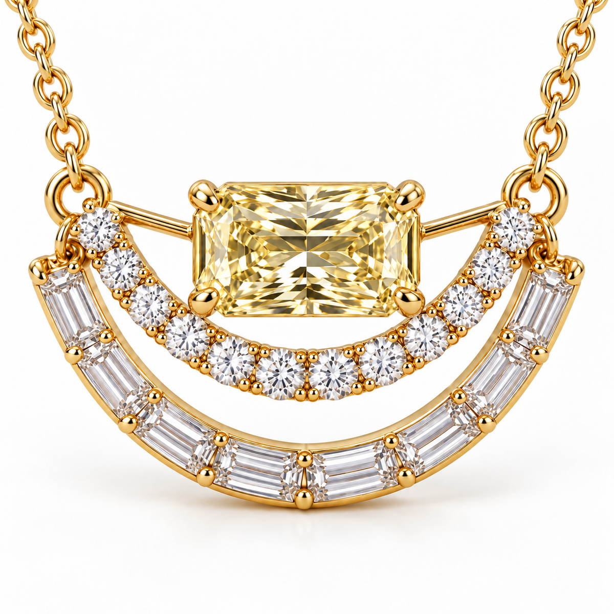Radiant Split Arc Yellow Lab-Grown Diamond Necklace in yellow-gold tone, diamond-setting detail