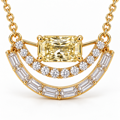 Radiant Split Arc Yellow Lab-Grown Diamond Necklace in yellow-gold tone, diamond-setting detail