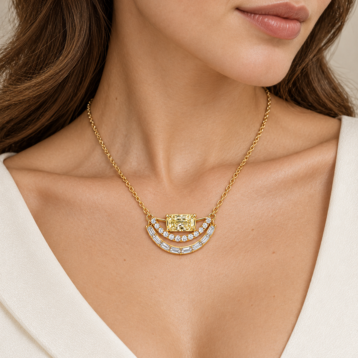 Radiant Split Arc Yellow Lab-Grown Diamond Necklace in yellow-gold tone, worn styling visualization